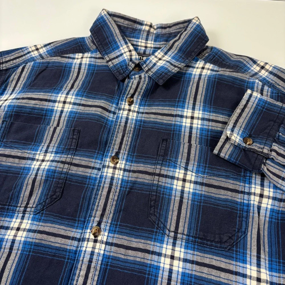 The North Face Mens L Blue Plaid Button Down Shirt Cotton Flannel Outdoor